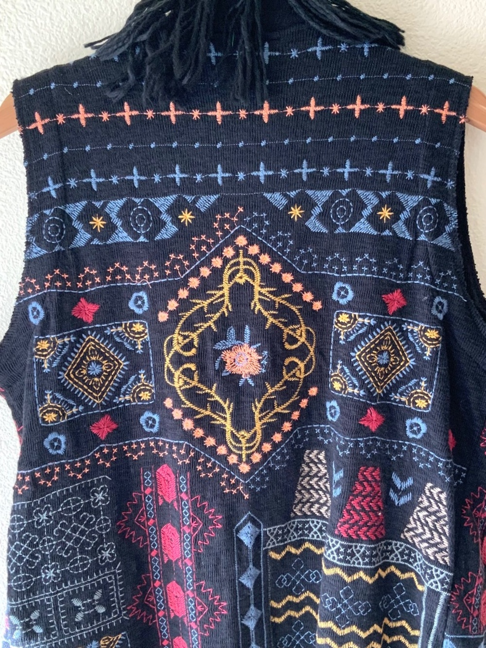 NEW! Boho Embroidered Sweater Fringe Tribal Cardigan Vest Black Size XL